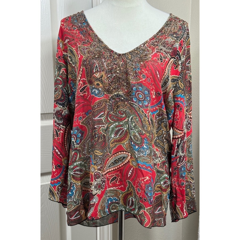 Chico's Women's Size 2 (L) 100% Silk Paisley Top‎ Embellished V-Neck Long Sleeve